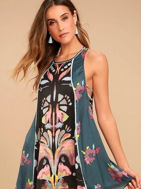 Free People Teal, Black & Pink Mini Dress